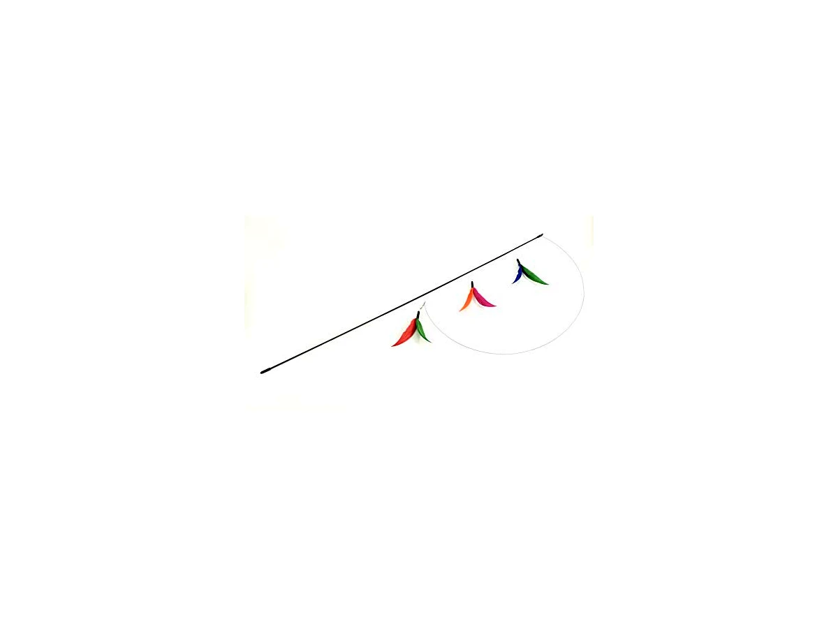 Pet Games Flying Cat Aço — modelo P-0013, varinha com fio de aço e três iscas de penas