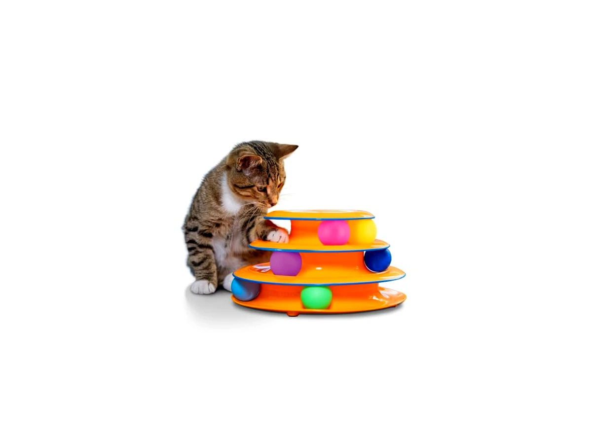 Petstages / Catstages Tower of Tracks — modelo 317, torre laranja com três níveis e três bolinhas