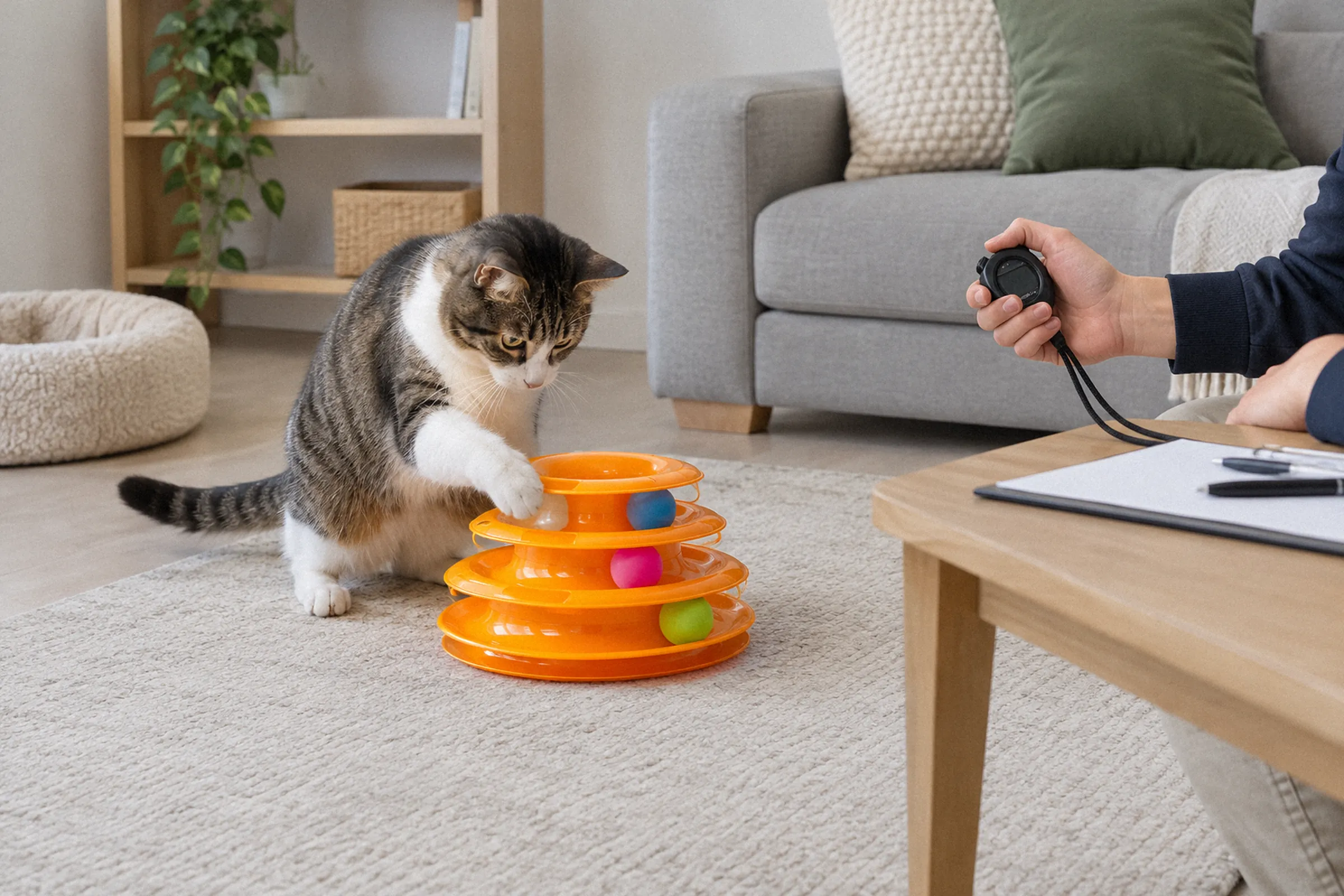 Em plano aberto de ambiente doméstico, um gato dá uma patada na Tower of Tracks enquanto um avaliador opera um cronômetro, sem leitura visível, sobre uma mesa lateral.