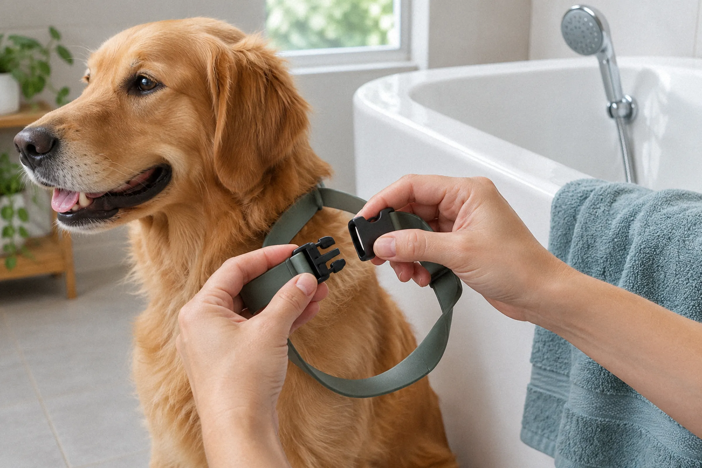 Em plano próximo, mãos desafivelam a coleira de um cão ao lado de uma banheira com toalha e chuveirinho, antes do banho.