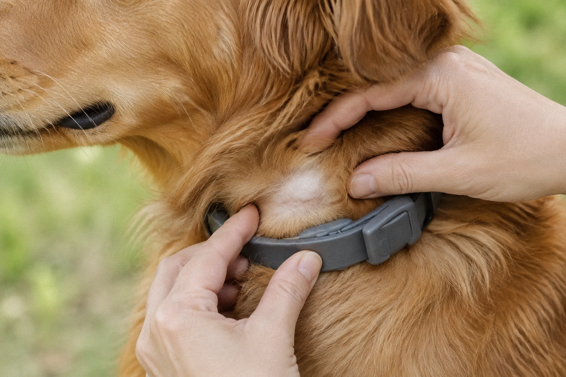 Em close do pescoço de um cão, mãos afastam delicadamente o pelo junto à coleira para observar a pele na área de contato.