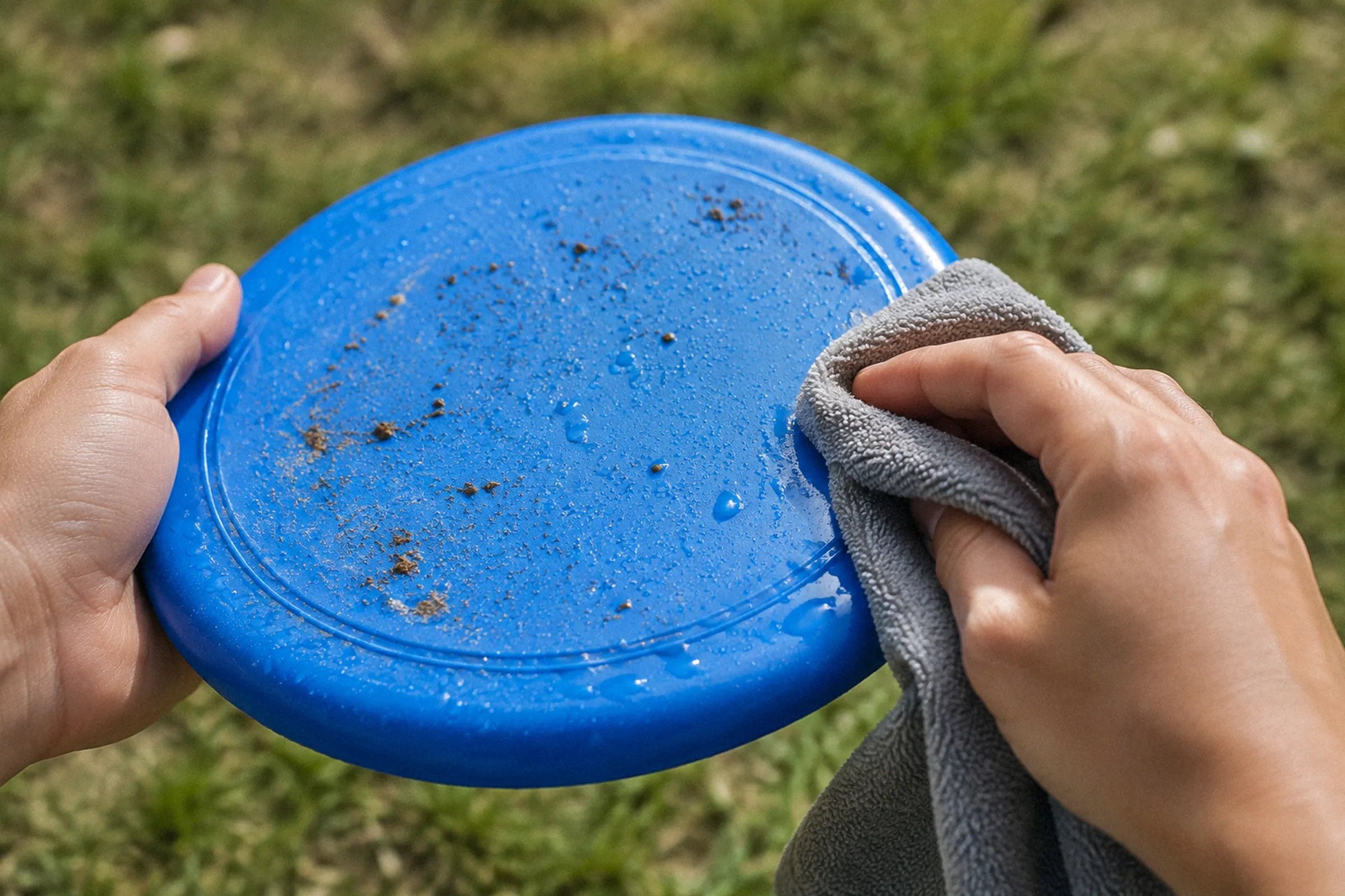 Em close, uma mão segura um frisbee com gotas e pequenos resíduos de terra na superfície, enquanto a outra passa um pano pela borda.