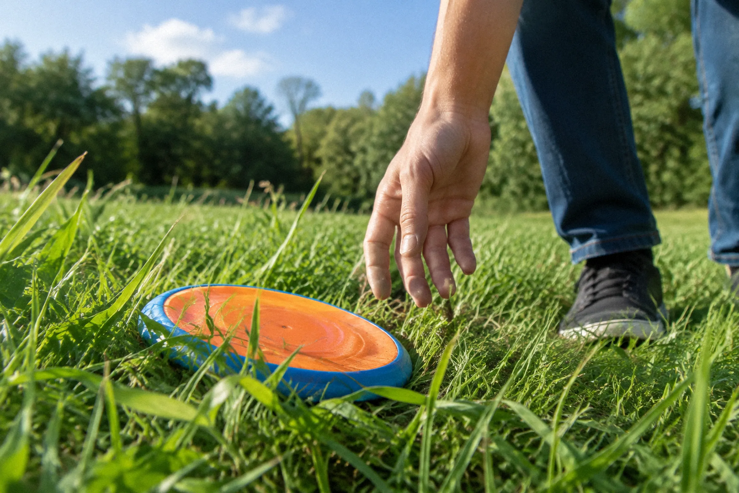 Em enquadramento baixo e aberto, um frisbee laranja e azul aparece entre folhas de grama alta, enquanto uma pessoa se aproxima para recolhê-lo.