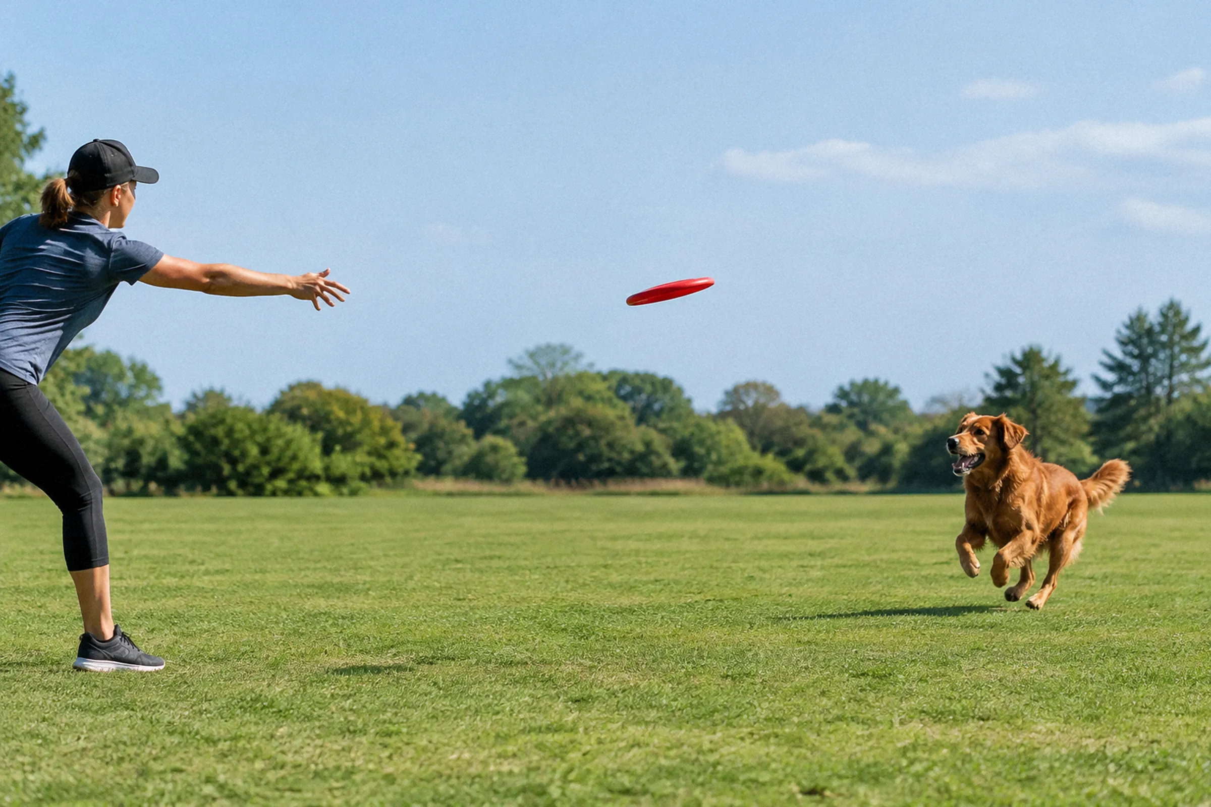 Em plano lateral aberto de um gramado, um frisbee está no ar entre uma pessoa com o braço estendido após o lançamento e um cão correndo em sua direção.