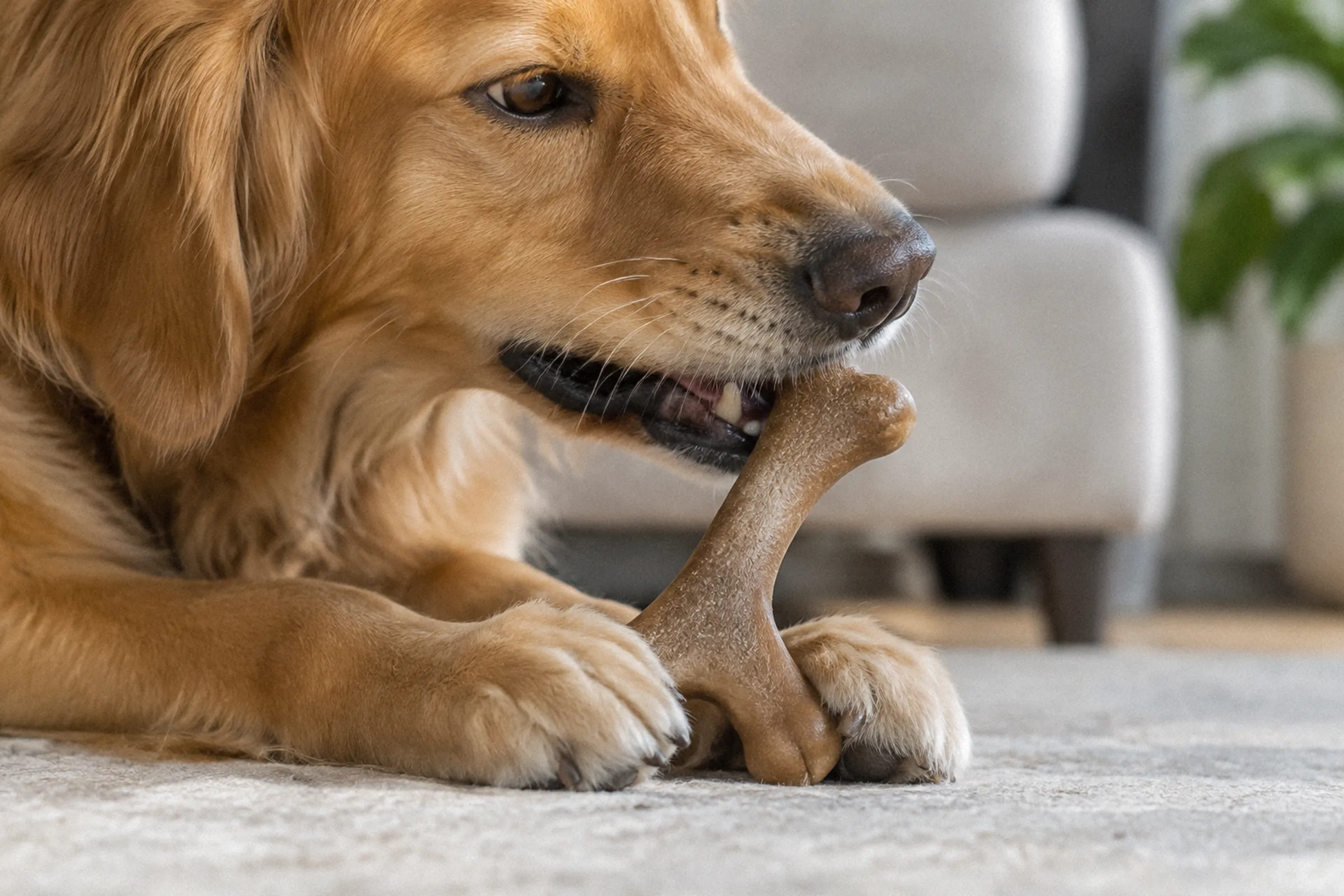 Em close lateral ao nível do chão, um cachorro apoia com as patas um Benebone Wishbone em Y enquanto morde uma das extremidades elevadas.