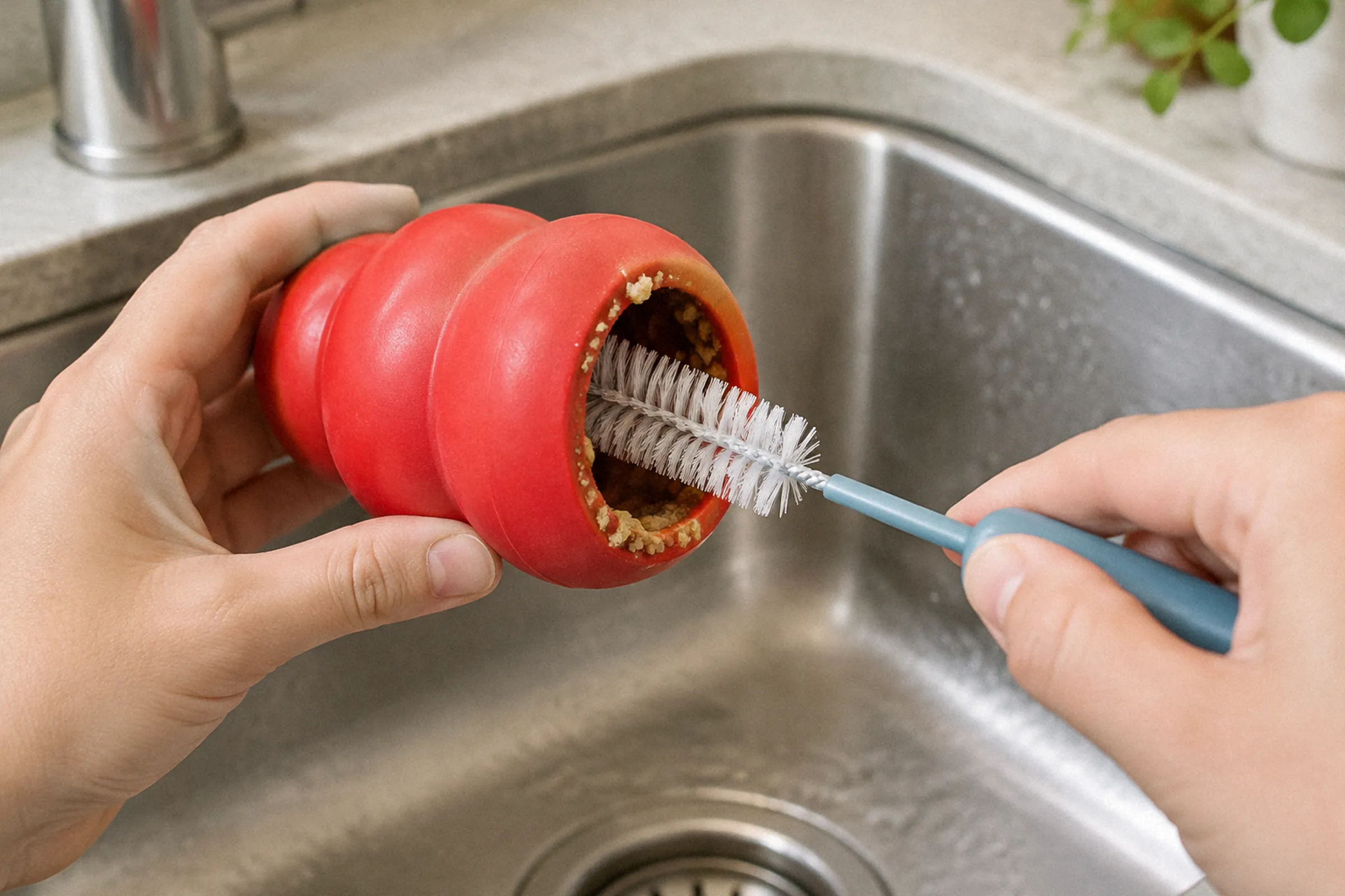 Em close sobre uma pia, mãos seguram um KONG Classic vermelho e introduzem uma escova tubular na abertura da cavidade, com resíduos de alimento visíveis na borda.
