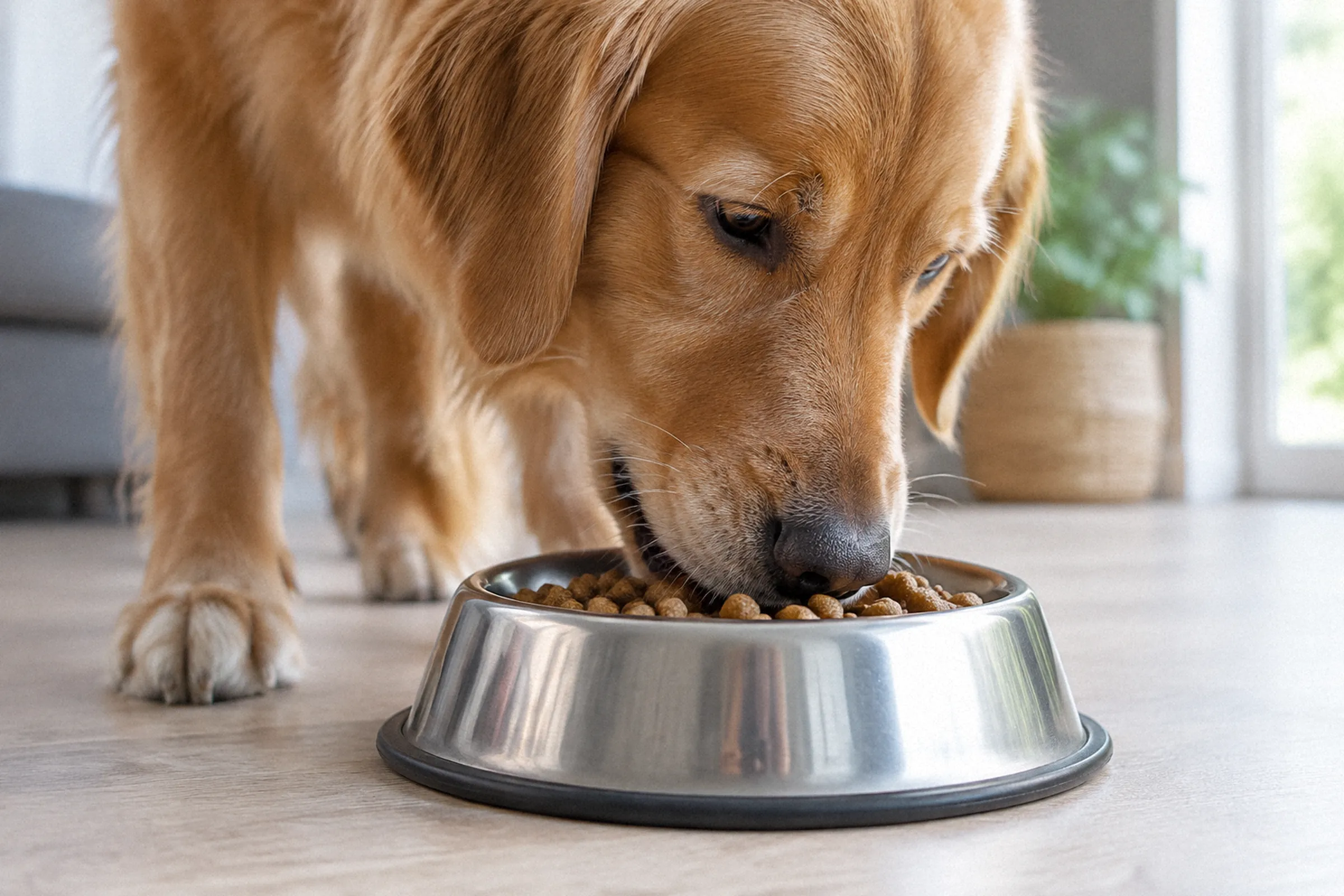 Plano baixo de um cão diante do comedouro, com o focinho junto aos croquetes enquanto pega alimento.