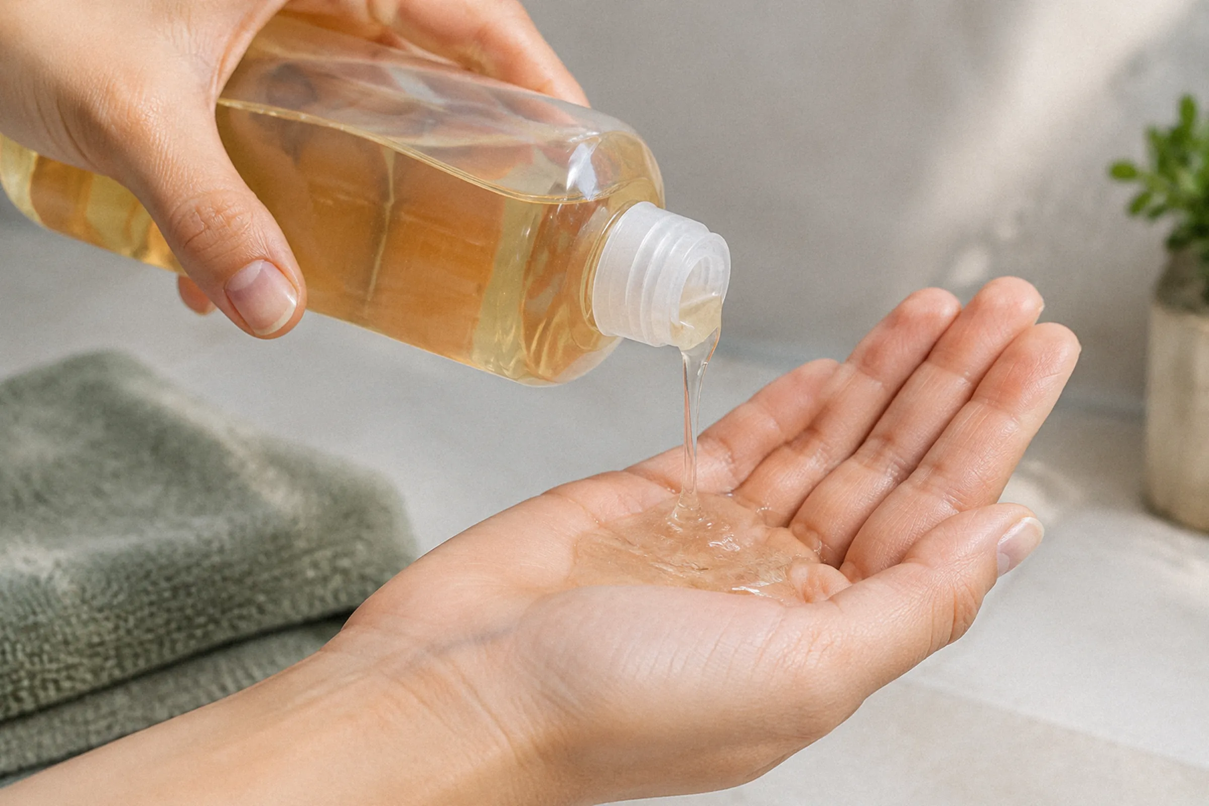Em close, uma mão inclina um frasco sem rótulo sobre a outra palma, mostrando o shampoo saindo da abertura e sendo espalhado pelos dedos.