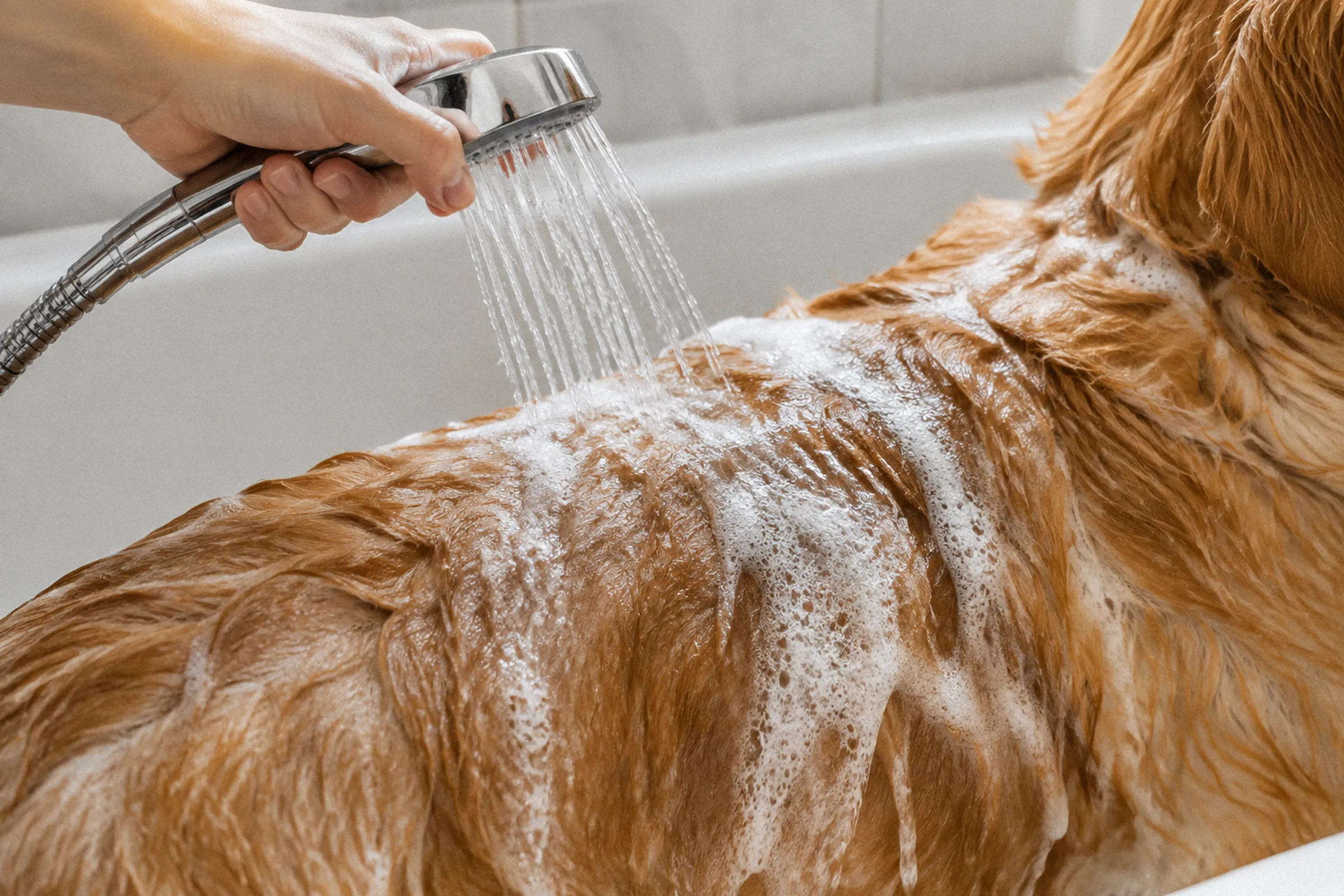 Em enquadramento próximo do dorso de um cachorro na banheira, uma mão direciona o chuveirinho para a pelagem com espuma, enquanto água e espuma escorrem pelos fios.